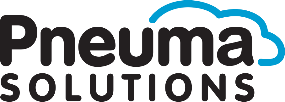 Logo Pneuma Solutions, rapporto 16x9 per i social media. Nome dell'azienda con il profilo stilizzato di una nuvola sopra le parole.