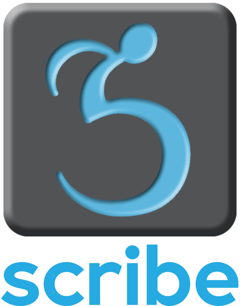 Scribe logo: a dark gray square with a stylized wheelchair racer inside the square in a light blue color. Under the logo symbol is the word scribe.