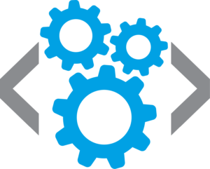 Tre kugghjul inom parentes för programkod, som representerar kraftfulla programvaruverktyg för tillgänglighet.