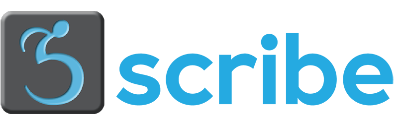 Scribe logo. Stylized accessibilty wheelchair on left, the word scribe on right.