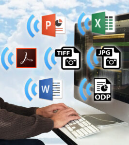 Image d'une personne tapant sur un clavier devant un écran. Des icônes représentant divers types de documents standard flottent dans l'air.
