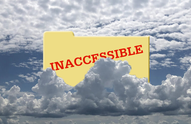 Picture of a yellow file folder partially obscured by towering clouds. The word INACCESSIBLE is imprinted in red on the file folder.