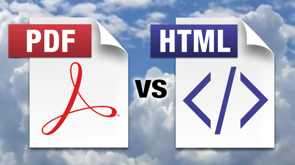 Graphic showing application icons for PDF and HTML with the abbreviation for versus in between. The icons are floating in the clouds.