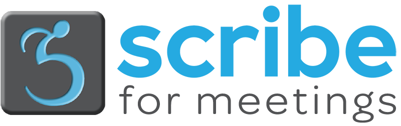 O logótipo da Scribe For Meetings apresenta um ícone de uma pessoa estilizada numa cadeira de rodas, denotando uma acessibilidade rápida e fácil.