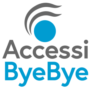 The AccessiByeBye logo includes the product name accompanied by a blue circle with two dark-gray tapered lines above it, suggesting the removal of obtrusive layers from core web page content.
