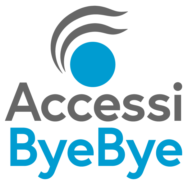 O logótipo AccessiByeBye inclui o nome do produto acompanhado de um círculo azul com duas linhas cónicas cinzentas escuras por cima, sugerindo a remoção de camadas intrusivas do conteúdo central da página Web.