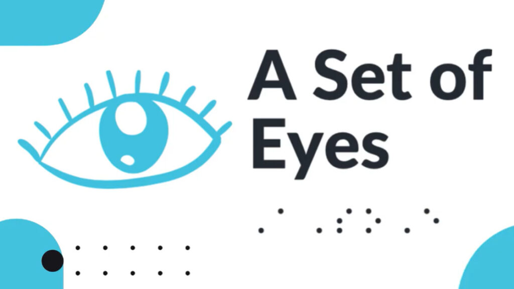 This logo for A Set of Eyes (ASOE) includes an illustration of an open eye and braille dots