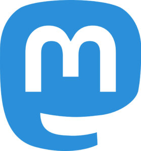 The Mastodon logo is comprised of a white letter M inside a blue symbol denoting a speech bubble or opening single quote mark.