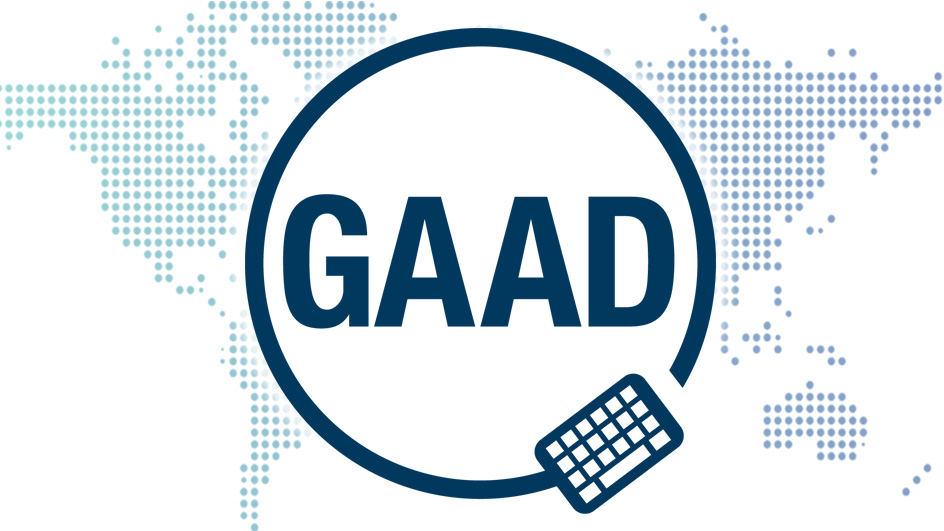 Global Accessibility Awareness Day (GAAD) logo superimposed over a stylized digital representation of the world.