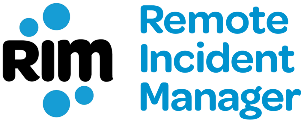 Das Logo von Remote Incident Manager enthält die Buchstaben RIM, umgeben von vier blauen Kreisen, die entfernte Zielcomputer darstellen. Rechts neben dem Logo stehen die Worte Remote Incident Manager.