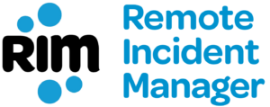 The Remote Incident Manager logo symbol has the letters RIM surrounded by four blue circles representing remote target machines. To the right of the logo symbol are the words Remote Incident Manager.