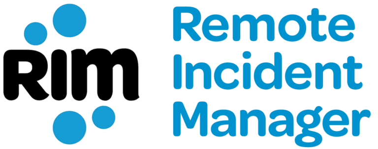 O símbolo do logótipo do Gestor de Incidentes Remoto tem as letras RIM rodeadas por quatro círculos azuis que representam máquinas de destino remotas. À direita do logótipo estão as palavras Remote Incident Manager.
