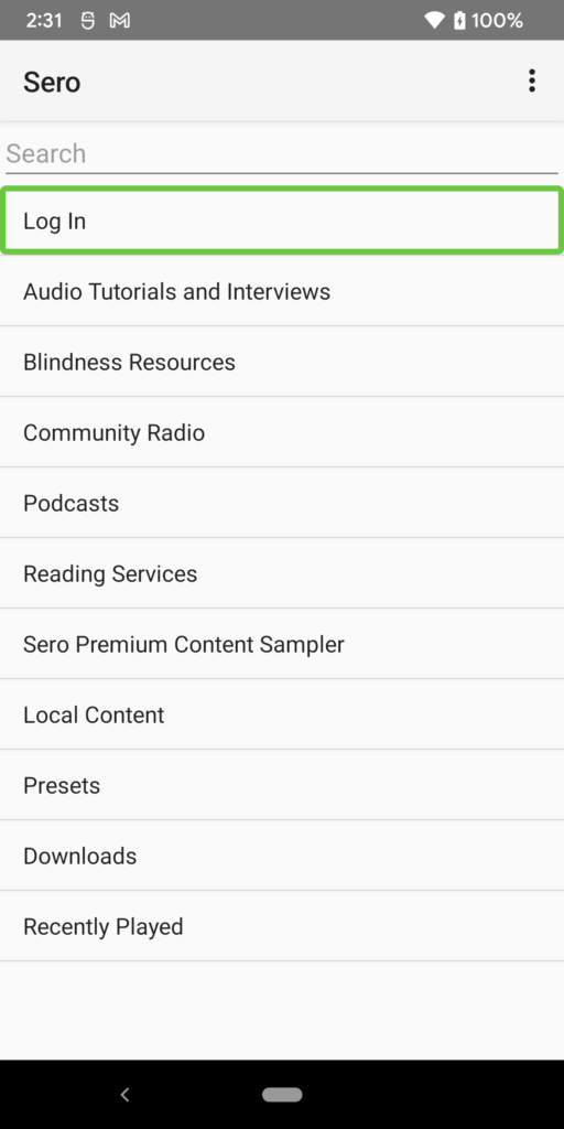 Schermata dell'applicazione Sero per Android che mostra i vari canali