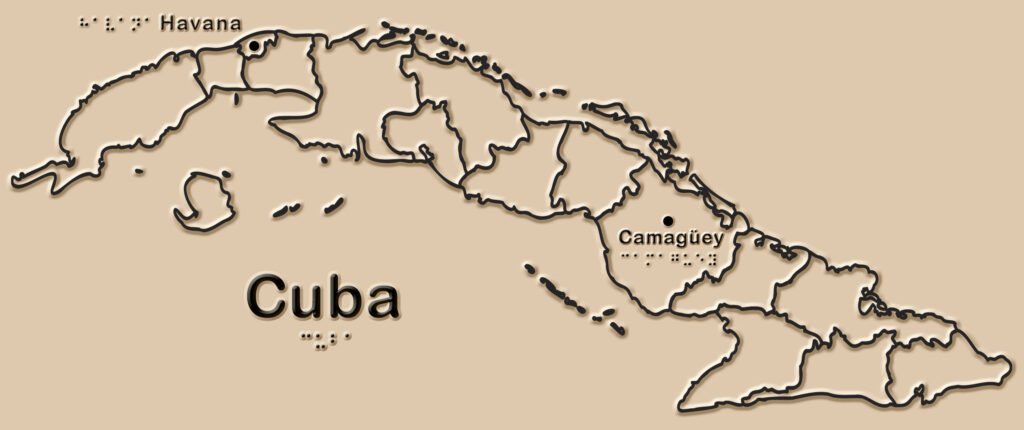 Image of tactile map of Cuba with braille, highlighting Havana and Camagüey. Credit: Pneuma Solutions.