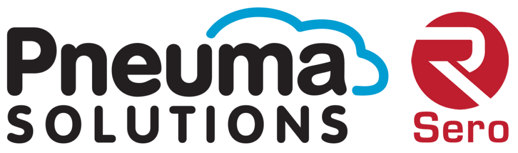 Two logos side by side. The Pneuma Solutions logo has stylized cloud over the name. The Sero logo has a stylized letter R inside a circle.