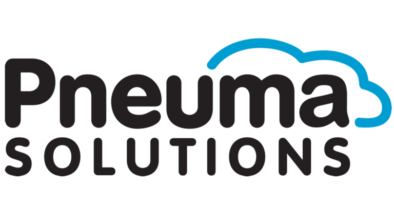 Logo de Pneuma Solutions, ratio 16x9 pour les médias sociaux. Nom de l'entreprise avec un contour stylisé d'un nuage au-dessus des mots.