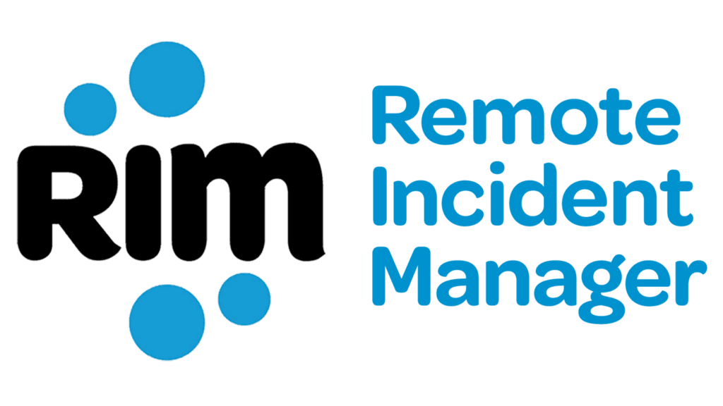 Remote Incident Managers logosymbol består av bokstäverna RIM omgivna av fyra blå cirklar som representerar fjärrstyrda målmaskiner. Till höger om logosymbolen finns orden Remote Incident Manager.