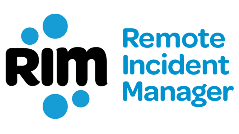 Remote Incident Managers logosymbol består av bokstäverna RIM omgivna av fyra blå cirklar som representerar fjärrstyrda målmaskiner. Till höger om logosymbolen finns orden Remote Incident Manager.