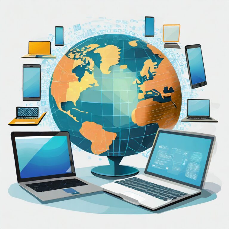 Image générée par l'IA représentant la technologie mondiale. Terre stylisée entourée d'ordinateurs de bureau, d'ordinateurs portables et de smartphones.