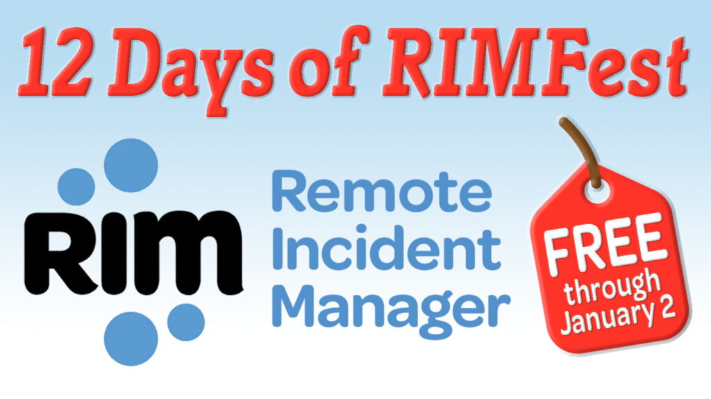 Una grafica che include il logo di Remote Access Manager (RIM), un'etichetta di prezzo GRATUITO e il titolo 12 Days of RIMFest.