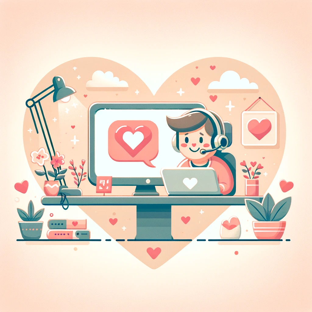 Ilustração de uma pessoa fornecendo suporte remoto com amor e cuidado, cercada por motivos do Dia dos Namorados
