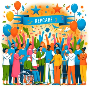 National Rehabilitation Counselor Appreciation Day graphic featuring a group of people celebrating with balloons, stars, and confetti in the air.