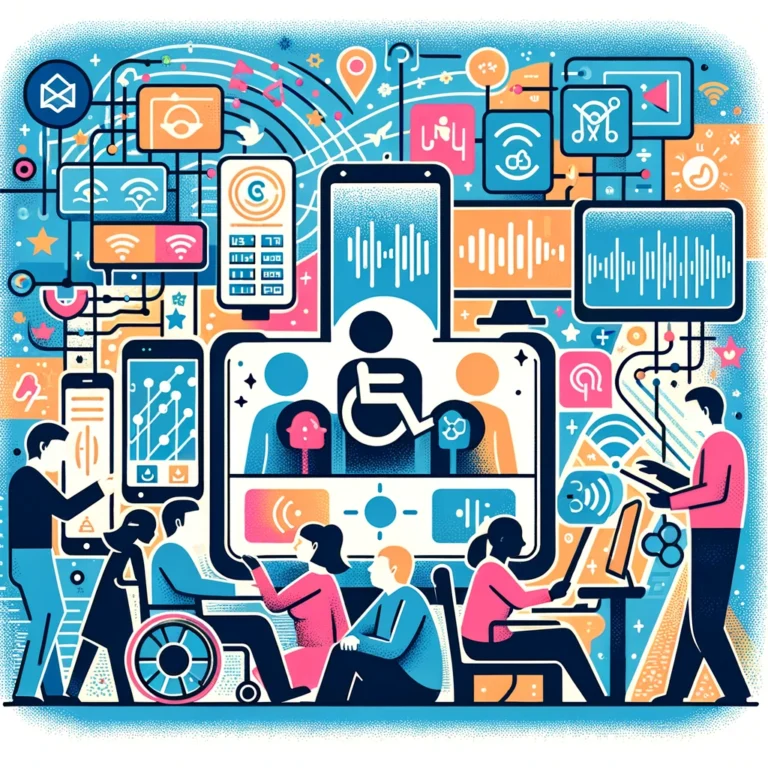 An inclusive digital world graphic, depicting diverse individuals with visual and auditory disabilities using accessible technology, highlighted by symbols of accessibility such as the universal accessibility icon, sound waves, and braille on device screens, set against a backdrop of digital connectivity.
